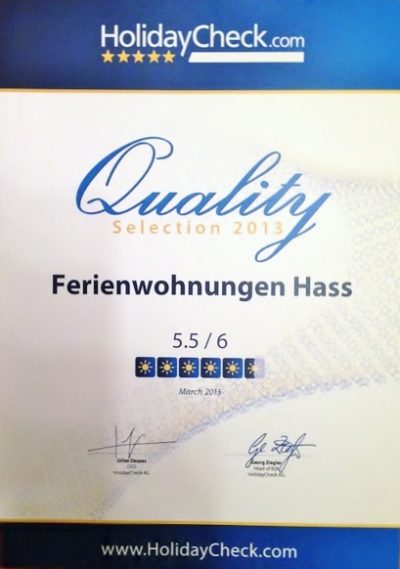 Bewertung 5,5 von 6 Punkten Holidaycheck Urkunde Ferienwohnungen Hass auf Fehmarn 2013